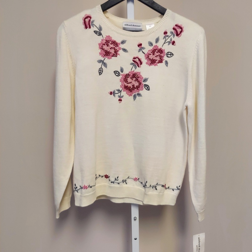 Alfred Dunner Petite XL Cream Floral Embroidered Beaded Sweater  Grandma Cottage